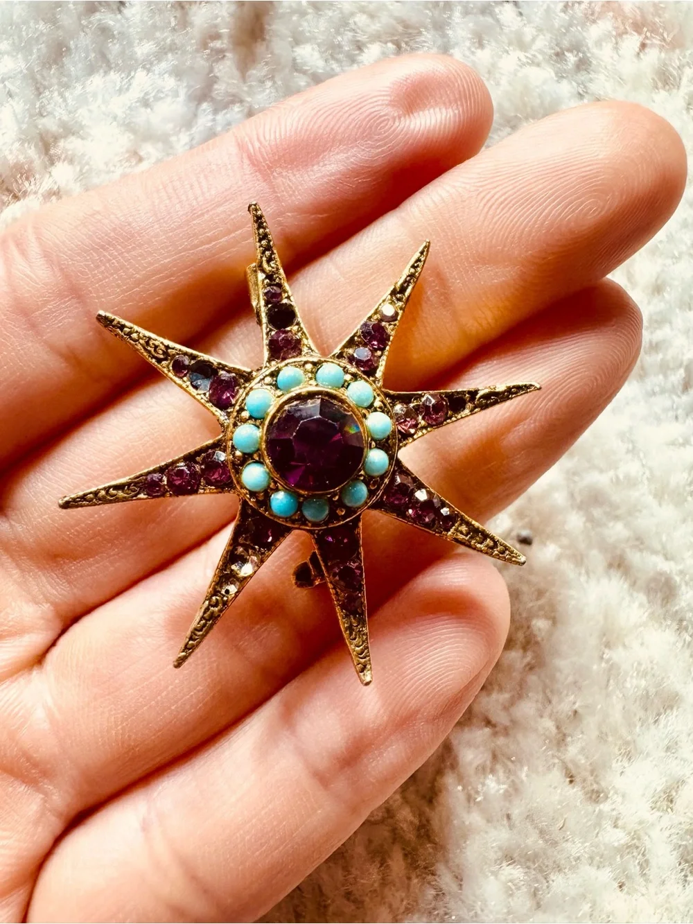 Amethyst & Turqiouse Vintage Starburst Brooch Pin